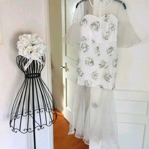 WEDDING-READY White Swiss Dot Floral Applique Designer Mesh Maxi Dress